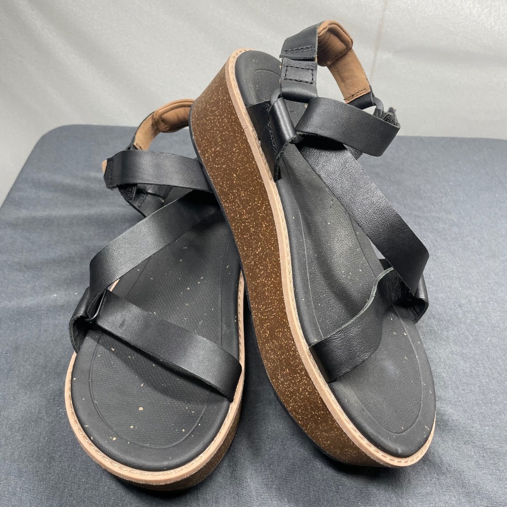 Teva Women Platform Sandal Black Leather Size 8 Midform Universal Cork 1151015
